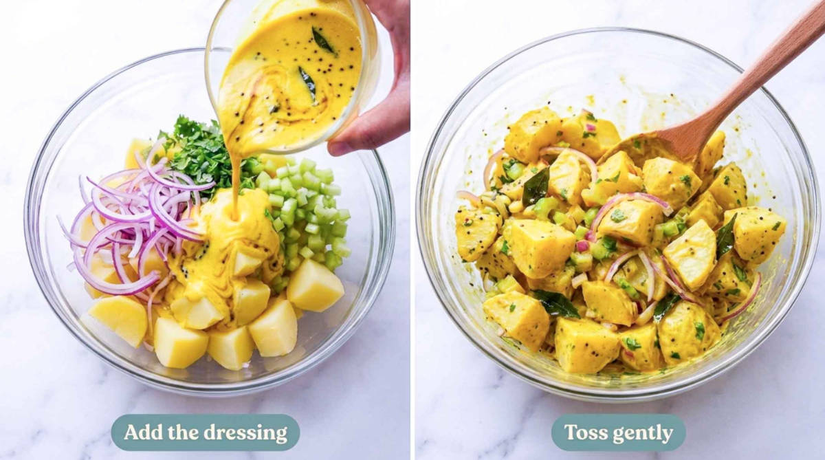 Pouring golden curry dressing over potatoes and vegetables, then tossing gently with a wooden spoon.