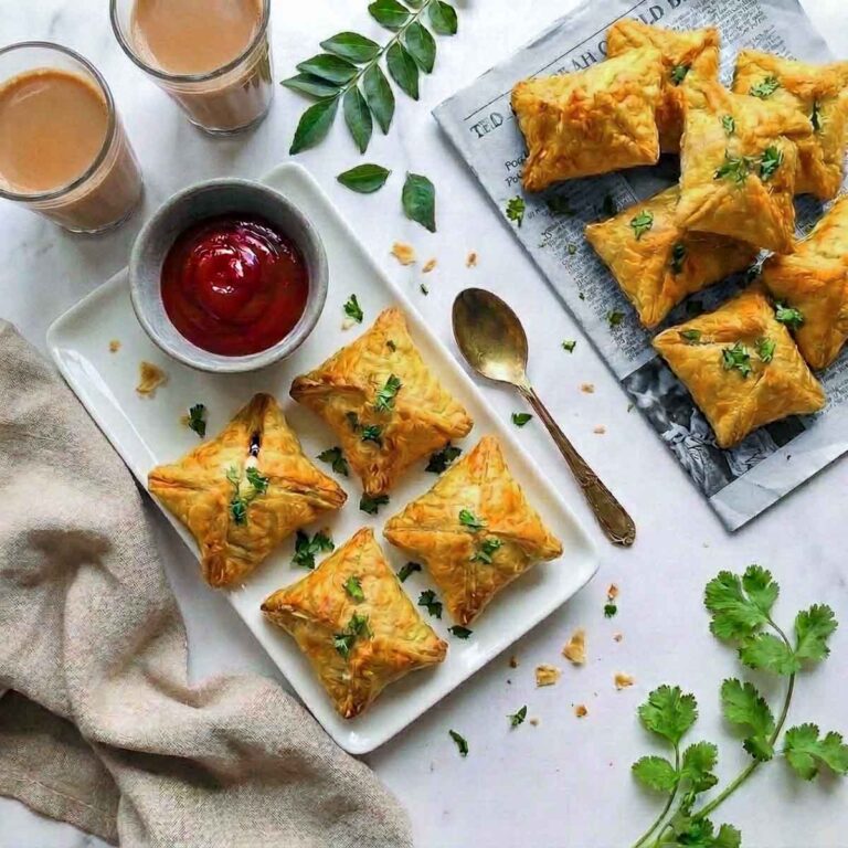 An overhead photo of Indian egg puffs arranged on a white platter with ketchup, two glasses of chai, fresh curry leaves, and cilantro.