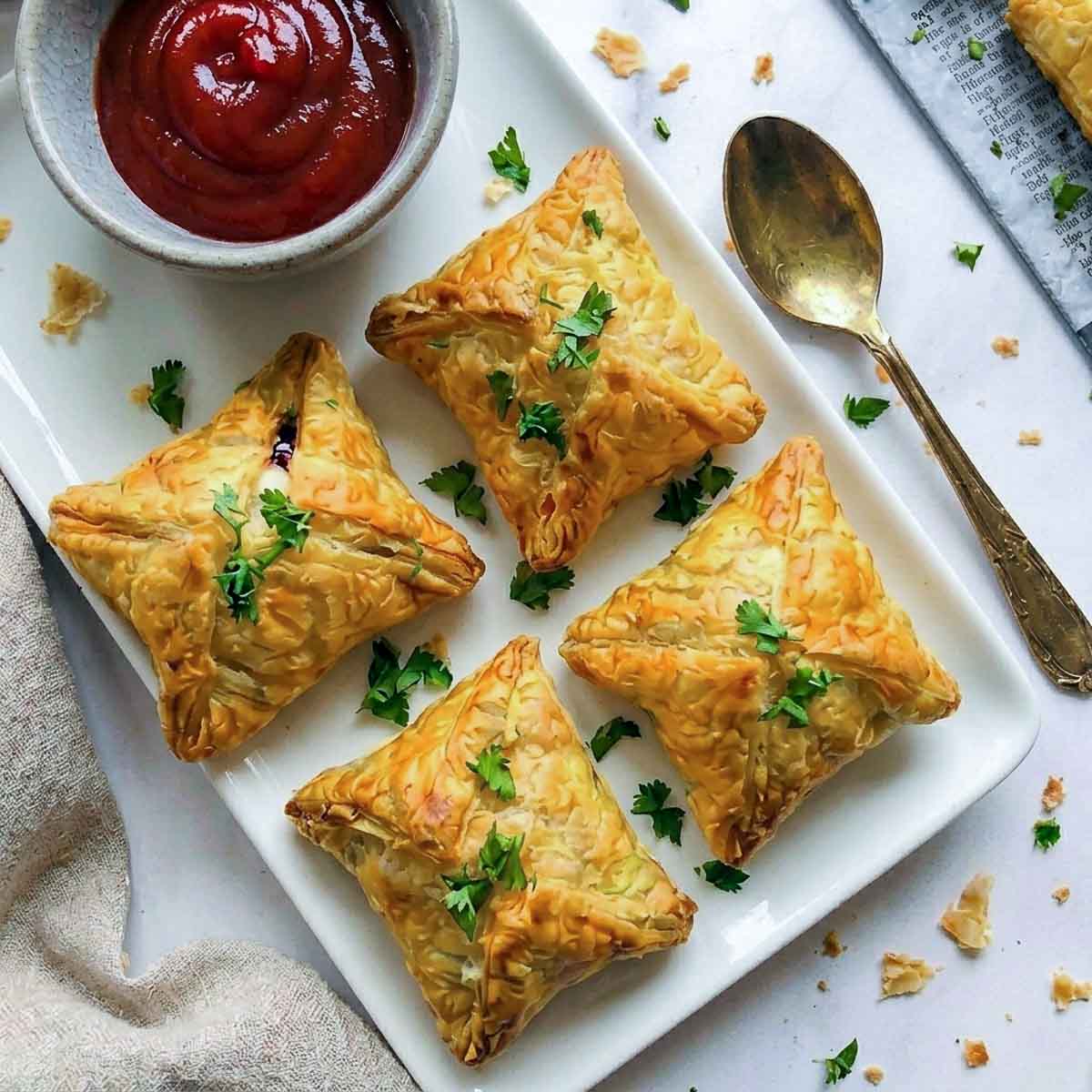 This close-up shows four golden-brown egg puffs with flaky layers arranged on a white platter beside a bowl of ketchup and sprinkled with fresh cilantro.