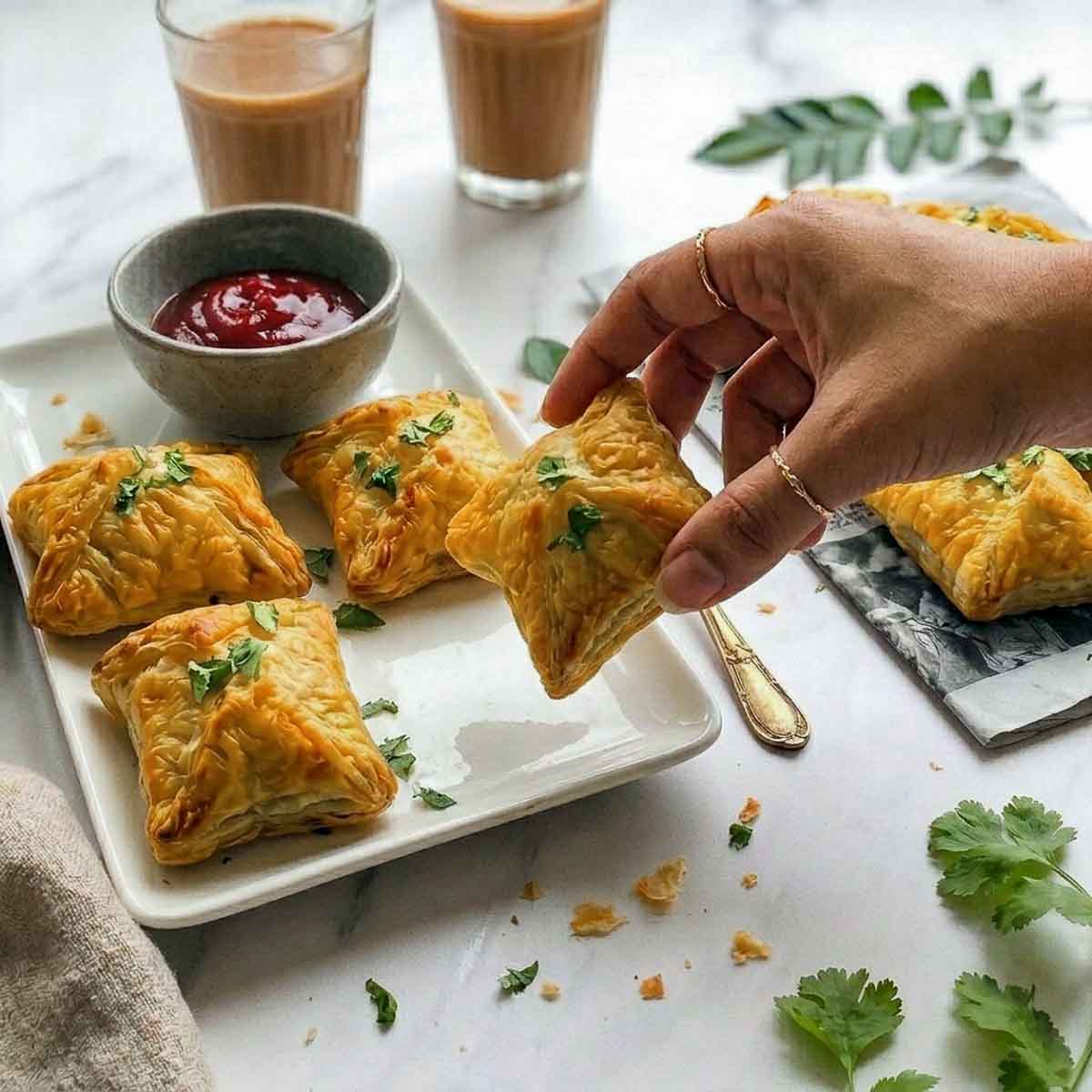 A woman's hand is lifting a golden-brown egg puff from a white platter, with ketchup, chai, and more egg puffs visible in the background.