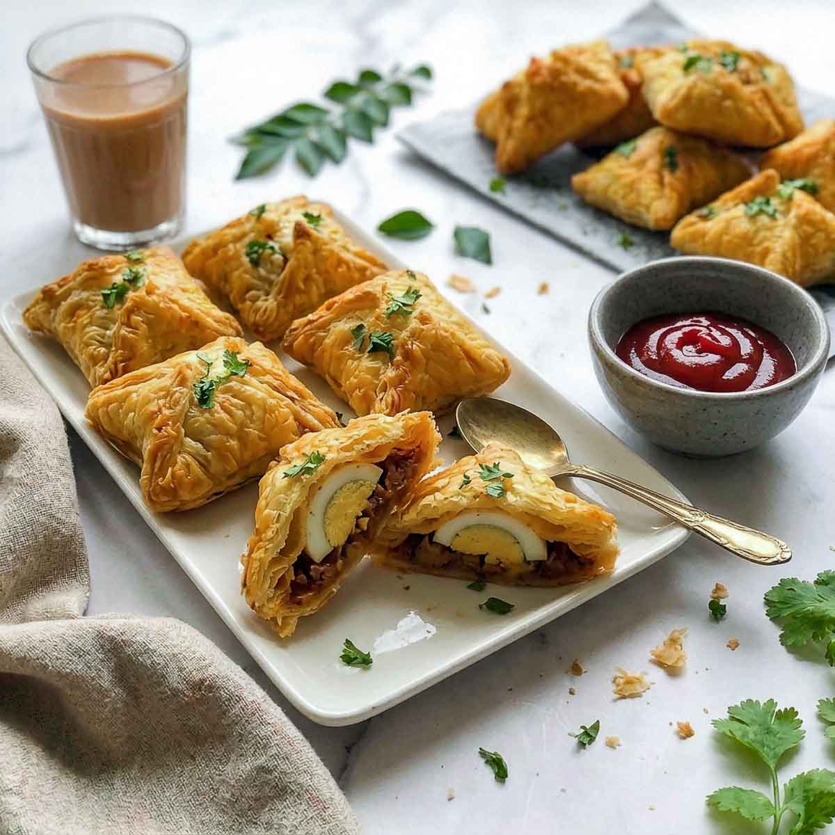 Egg puffs on a white platter, one cut open to show the egg and onion filling, served with ketchup and chai.