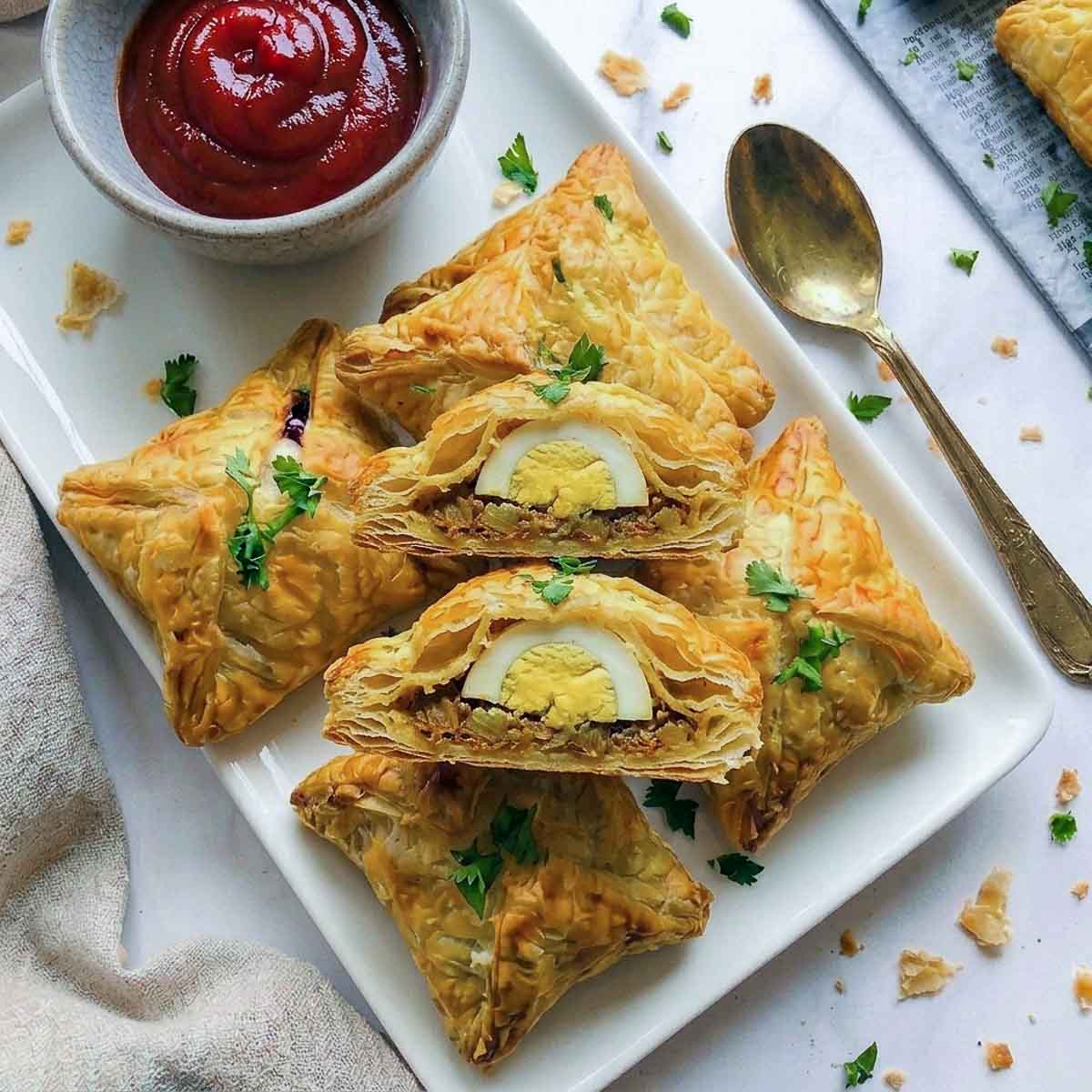 Egg puffs cut open showing the halved boiled egg and dark onion masala inside the flaky pastry.
