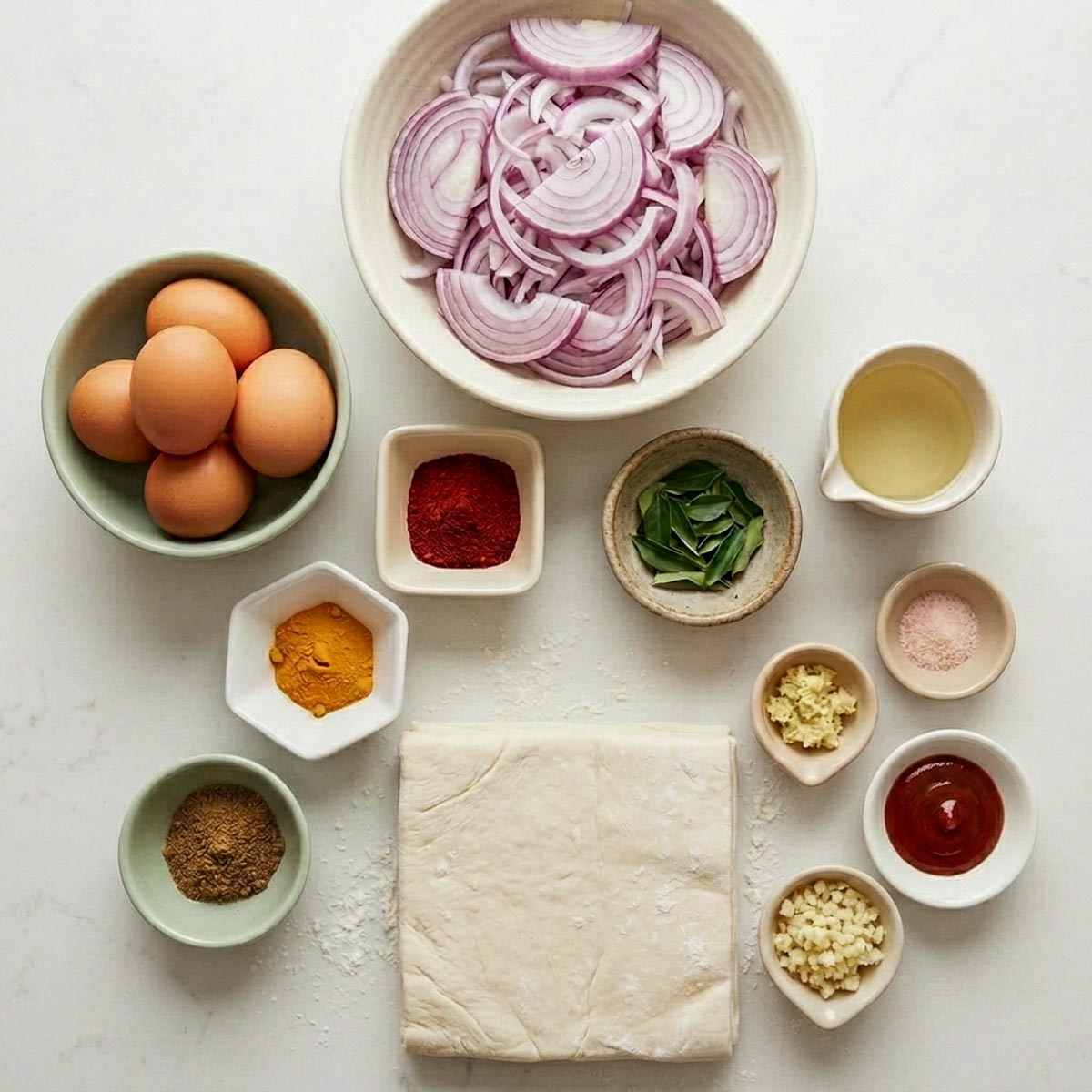 Ingredients for egg puffs: eggs, sliced red onions, puff pastry, turmeric, chili powder, garam masala, curry leaves, ginger, garlic, ketchup, oil, and salt.