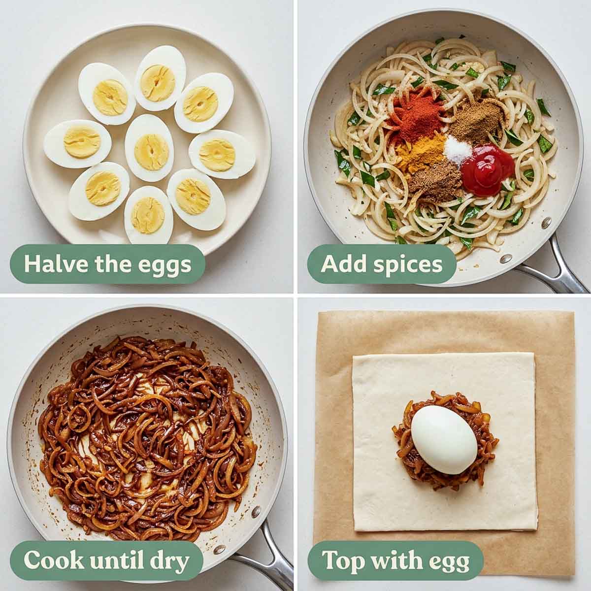 Four step collage showing halved boiled eggs, spices added to sliced onions, the onion masala cooked dry, and a pastry square topped with masala and half an egg.