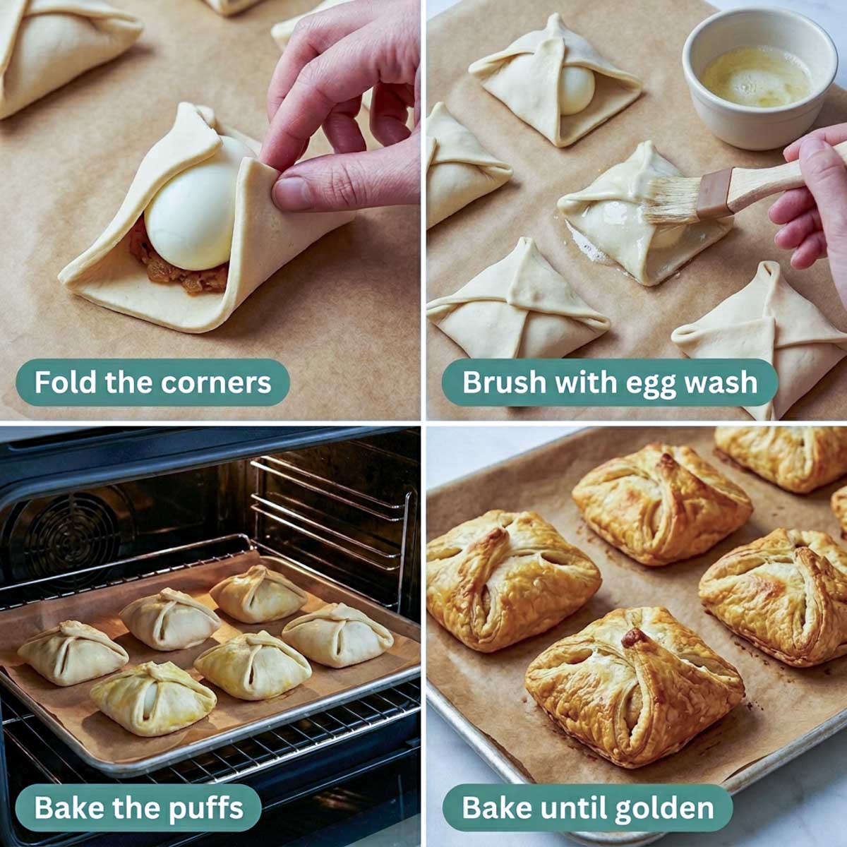 Four step collage showing puff pastry corners folded over the egg, pastry brushed with egg white, puffs baking in the oven, and finished golden egg puffs on a tray.