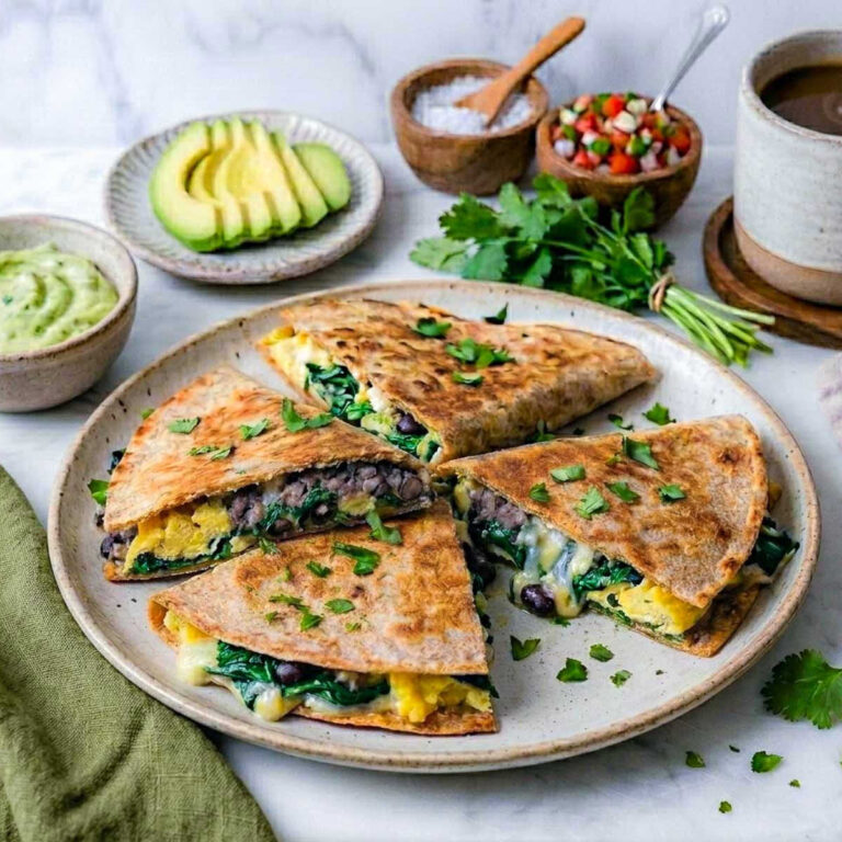High-protein freezer breakfast quesadillas cut into wedges on a speckled plate with sliced avocado, pico de gallo, and coffee.