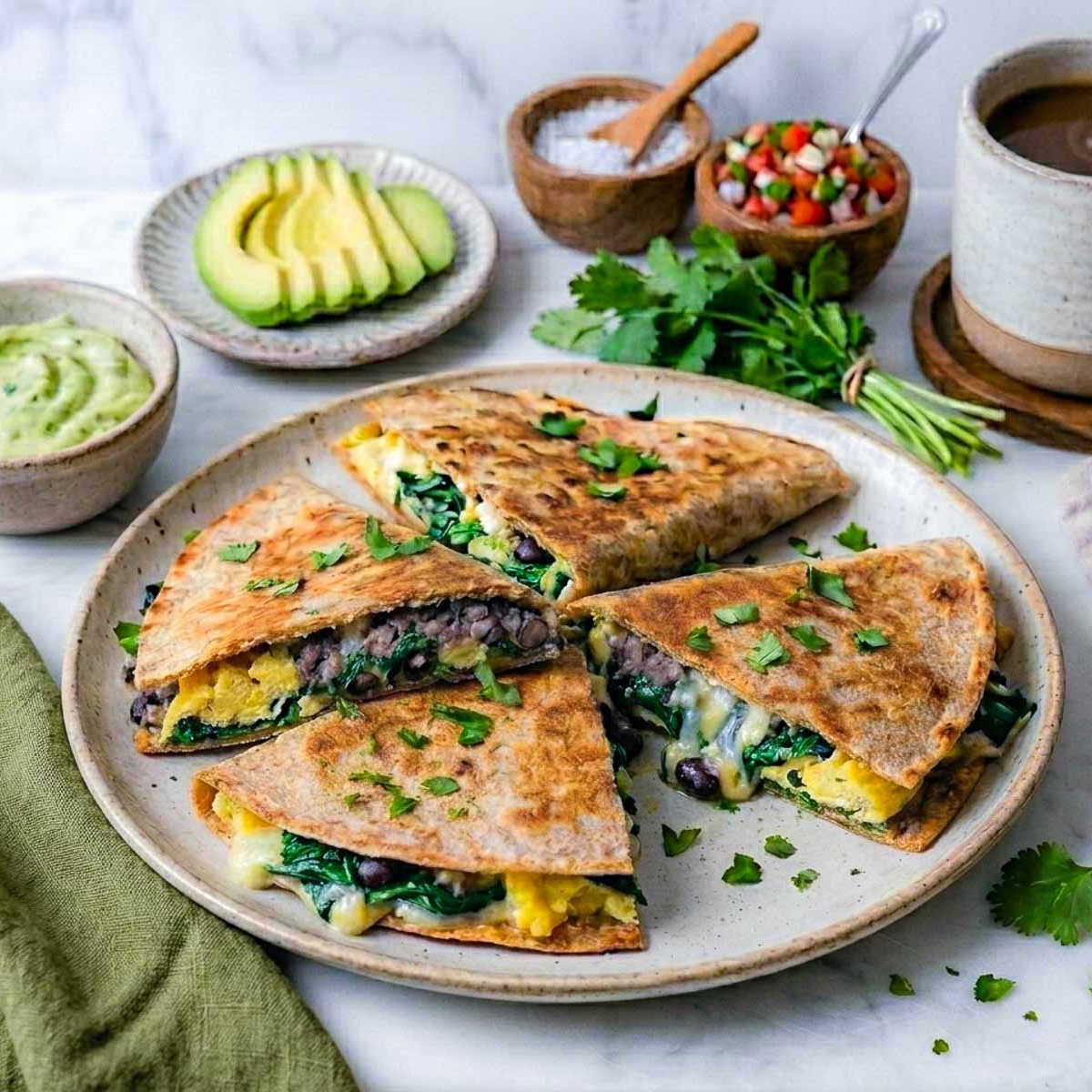 High-protein freezer breakfast quesadillas cut into wedges on a speckled plate with sliced avocado, pico de gallo, and coffee.