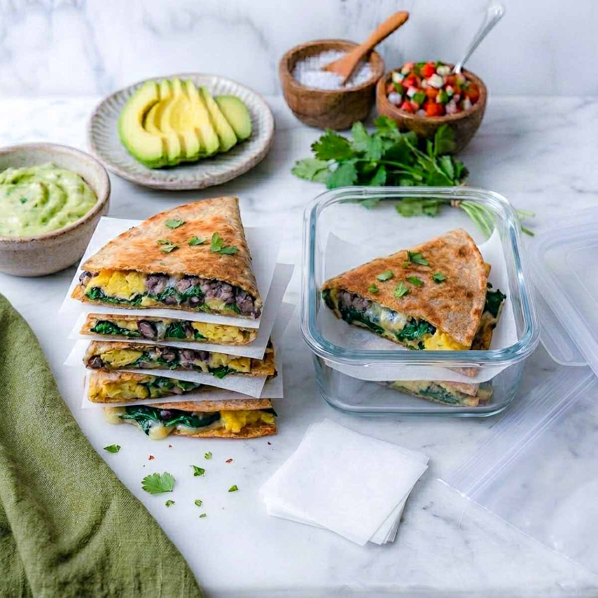 Freezer breakfast quesadilla wedges stacked with parchment squares between them beside a glass storage container and a freezer bag.