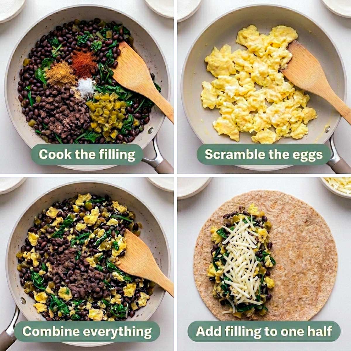 Four step photos showing black beans and spinach cooking with spices, scrambled eggs in a pan, the combined filling, and filling spread on a tortilla with shredded cheese.