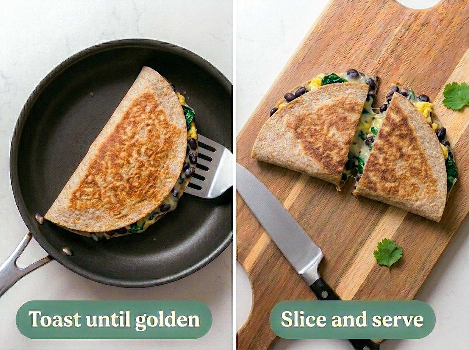 Two step photos showing a folded quesadilla toasting in a skillet and a cooked quesadilla sliced into wedges on a wooden board.