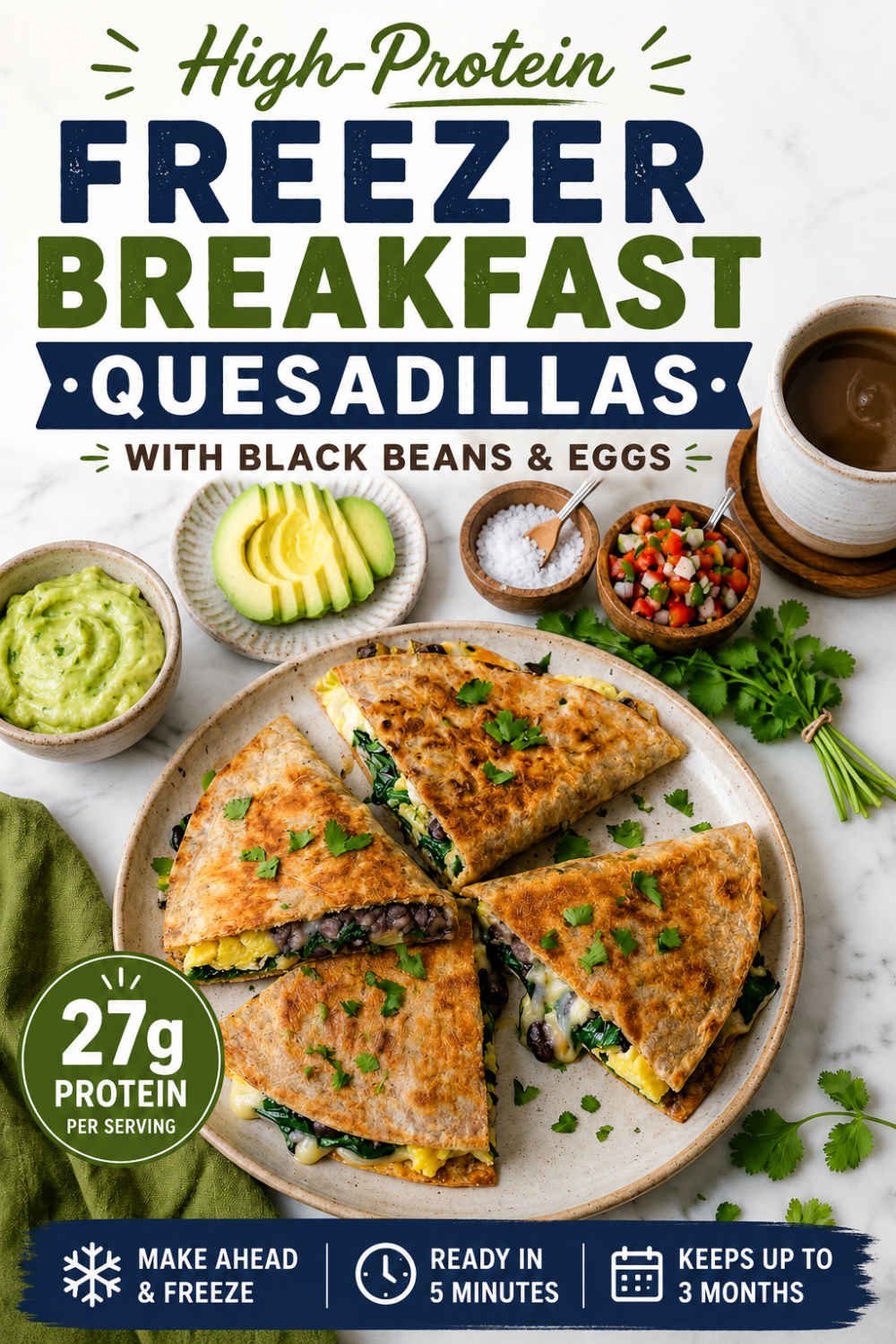 Freezer breakfast quesadillas Pinterest image.