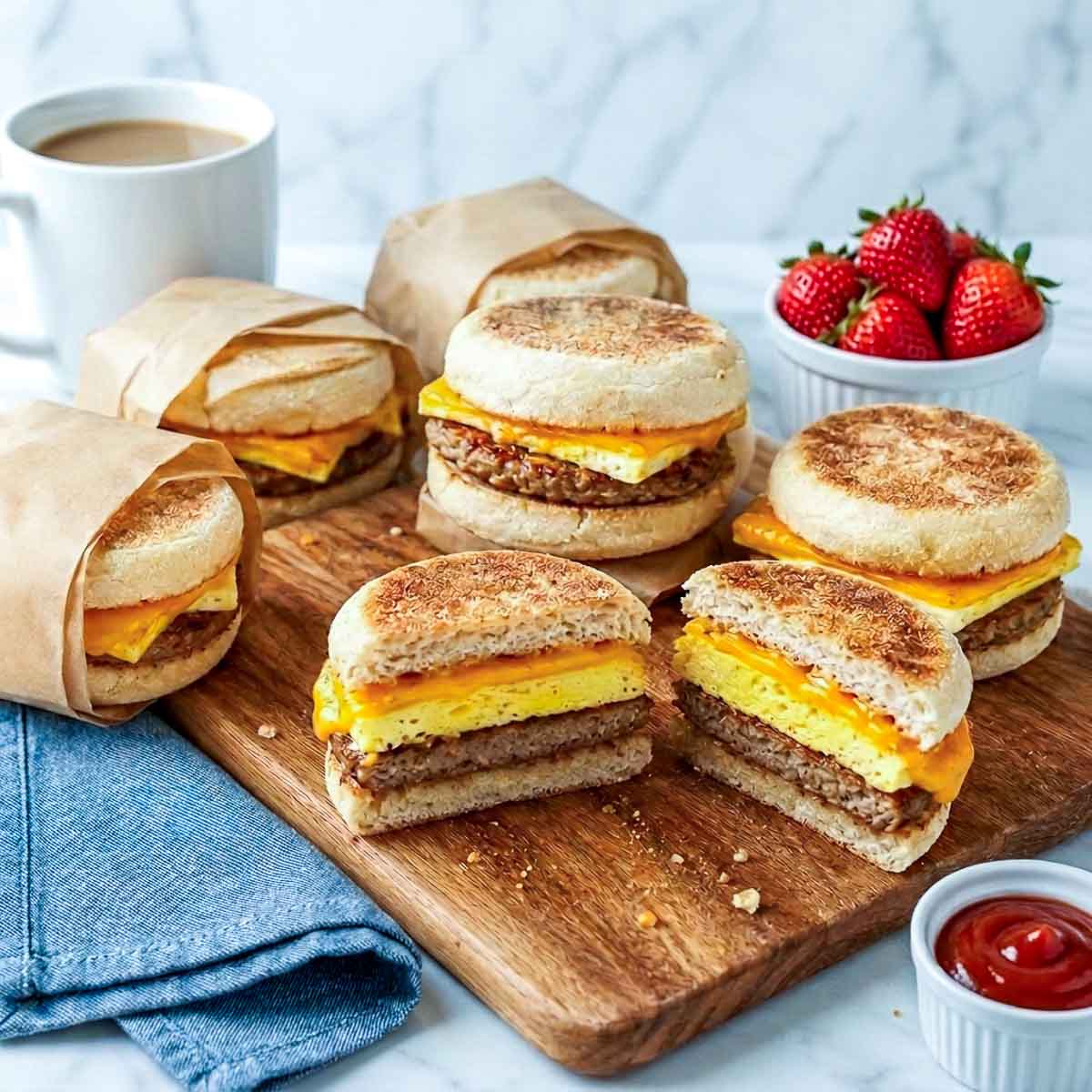 Freezer breakfast sandwiches on a wooden board with two cut in half showing egg, turkey sausage, and melted cheddar layers.