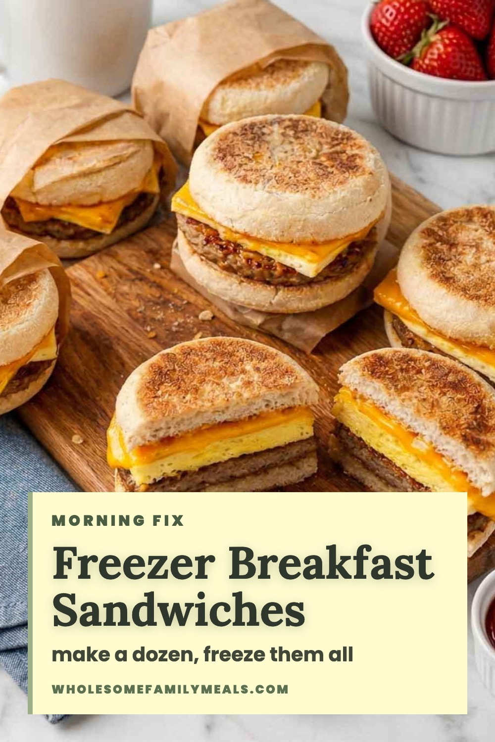 Freezer breakfast sandwiches Pinterest image with text overlay.
