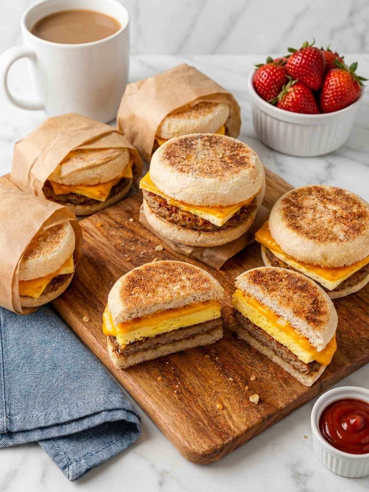 Make-ahead breakfast sandwiches with turkey sausage, baked egg, and melted cheddar arranged on a wooden board.
