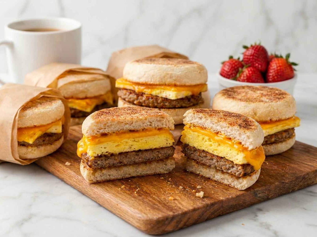 Two halves of a breakfast sandwich held close to the camera, showing turkey sausage, baked egg, cheddar, and toasted English muffin.