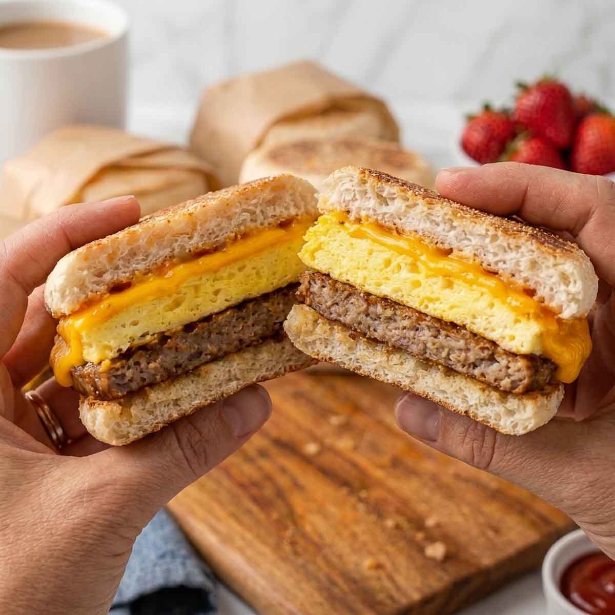 Two halves of a breakfast sandwich held close to the camera, showing turkey sausage, baked egg, cheddar, and toasted English muffin.