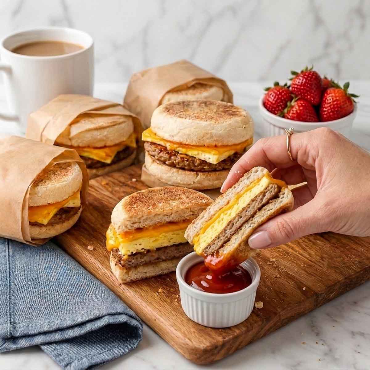 Hand dipping a turkey sausage, egg, and cheddar breakfast sandwich into ketchup on a wooden serving board.