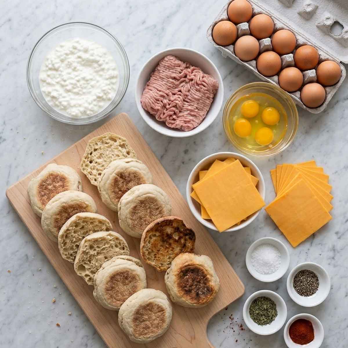 Ingredients for freezer breakfast sandwiches including English muffins, eggs, cottage cheese, ground turkey, cheddar, salt, pepper, herbs, and paprika.