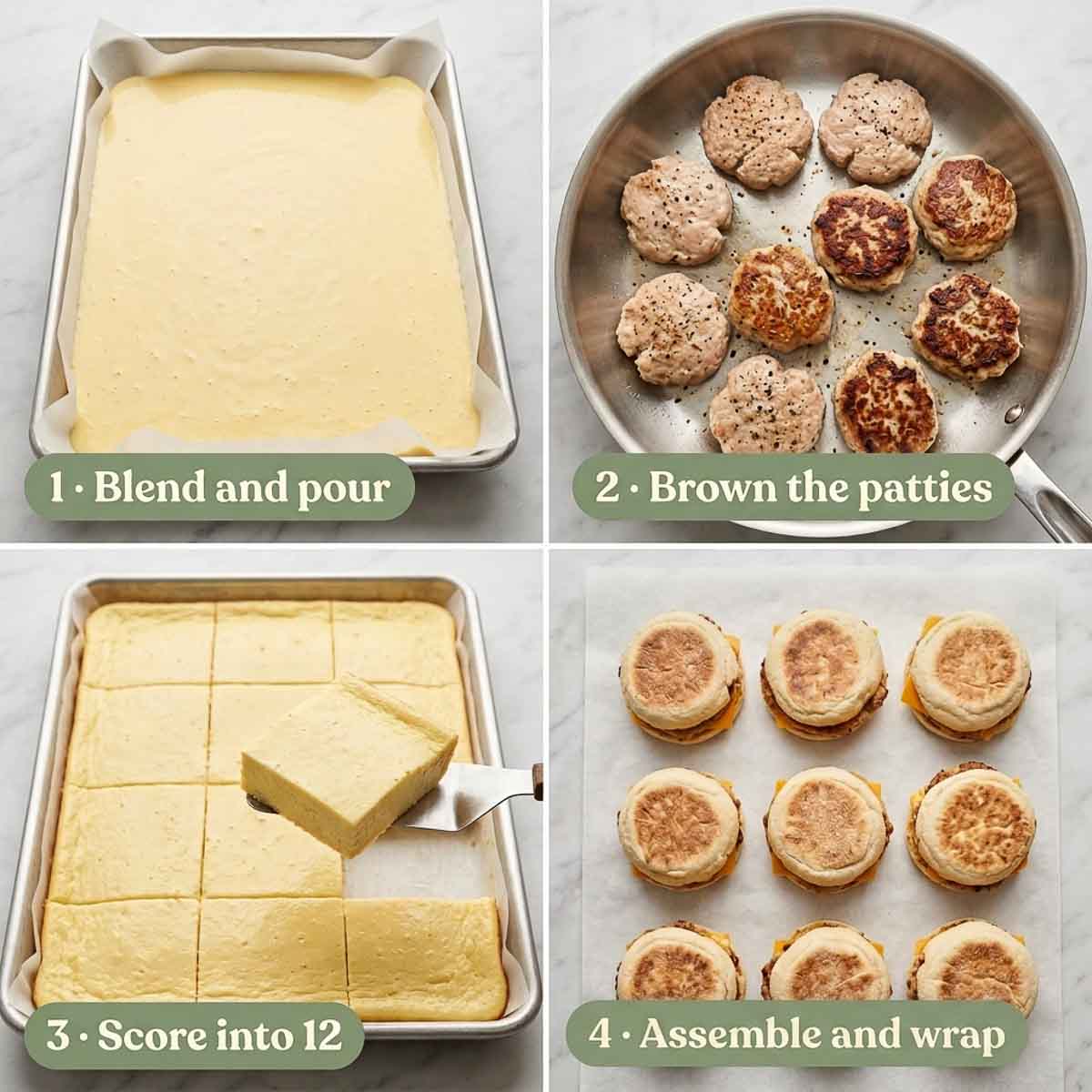 Four-step collage showing egg mixture in a sheet pan, turkey patties browning, baked eggs cut into squares, and assembled breakfast sandwiches.
