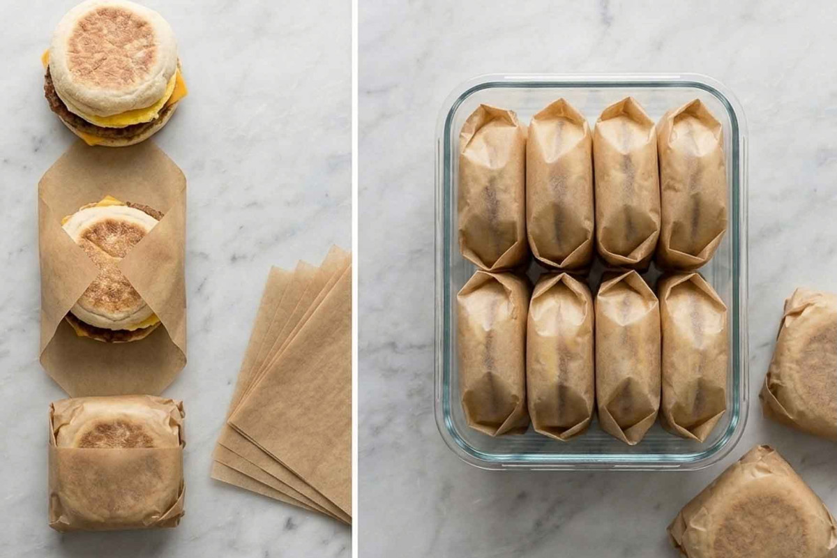 Breakfast sandwiches being wrapped in brown parchment paper and stored together in a rectangular glass freezer container.