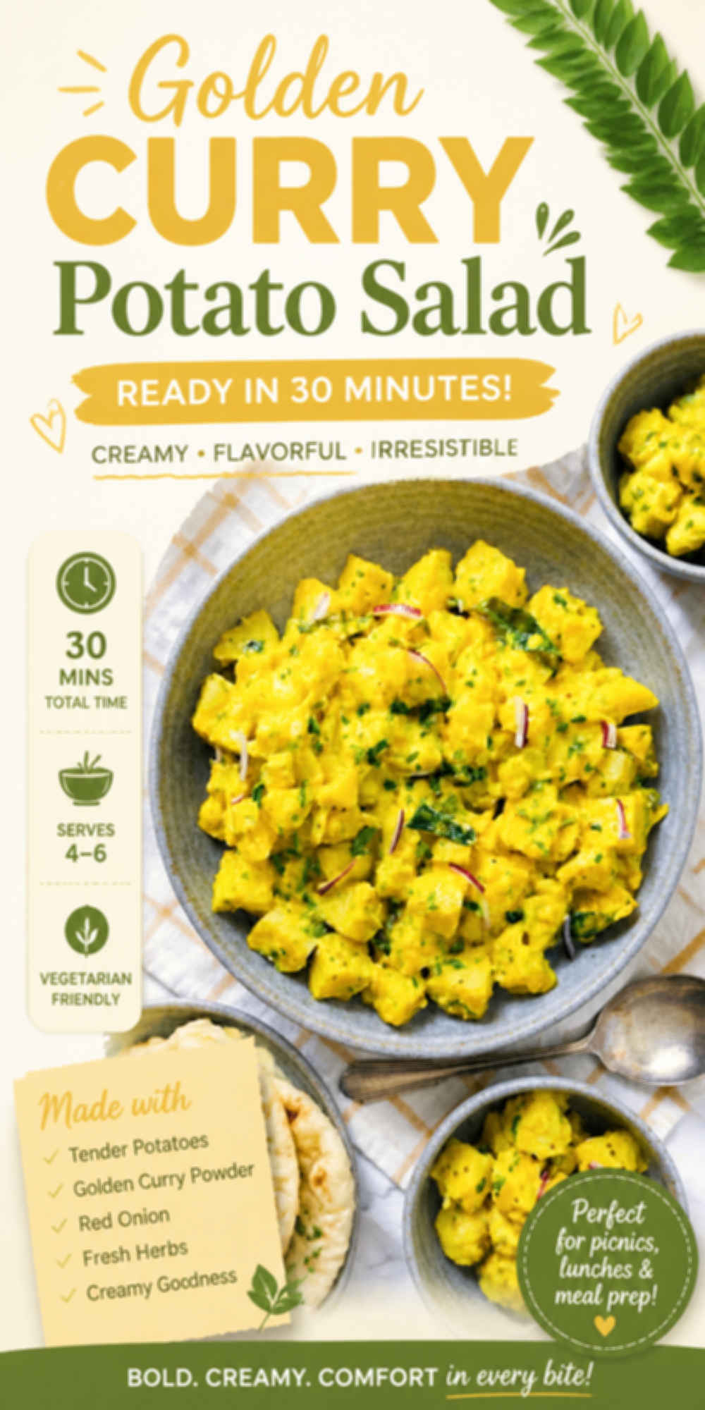 Curry potato salad without mayo in a gray bowl, garnished with fresh cilantro, curry leaves, and red onion, with naan and smaller bowls of salad around it. Text reads “Curry Potato Salad Without Mayo: Creamy, Golden, and Make-Ahead Friendly.”
