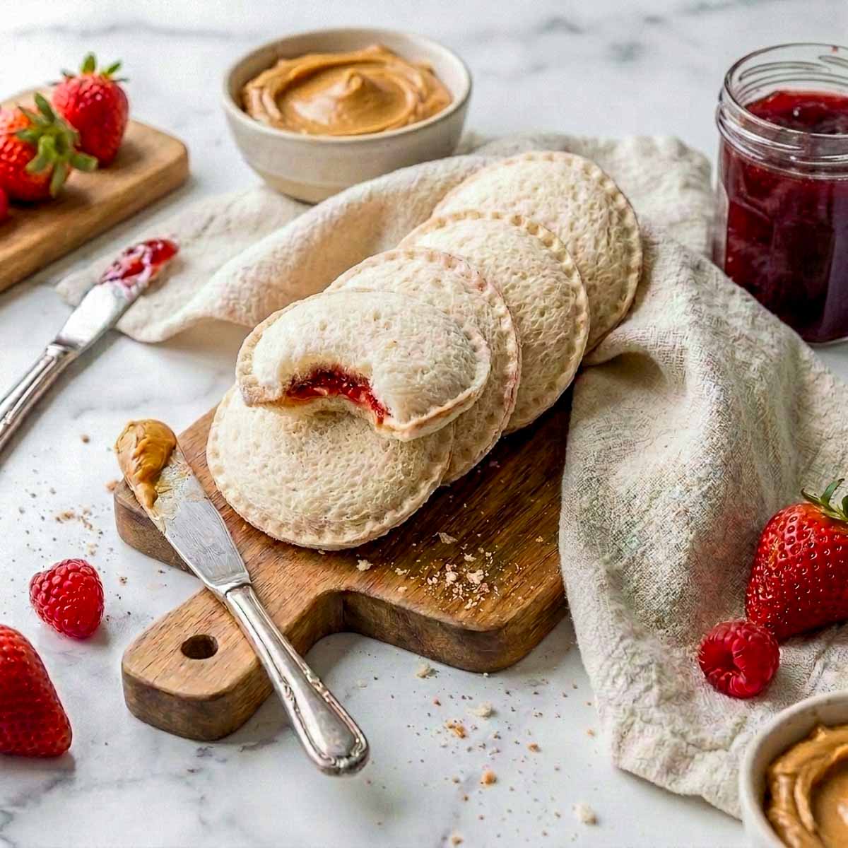 Homemade uncrustables on a wooden board with peanut butter and jam, one cut open to show the filling.