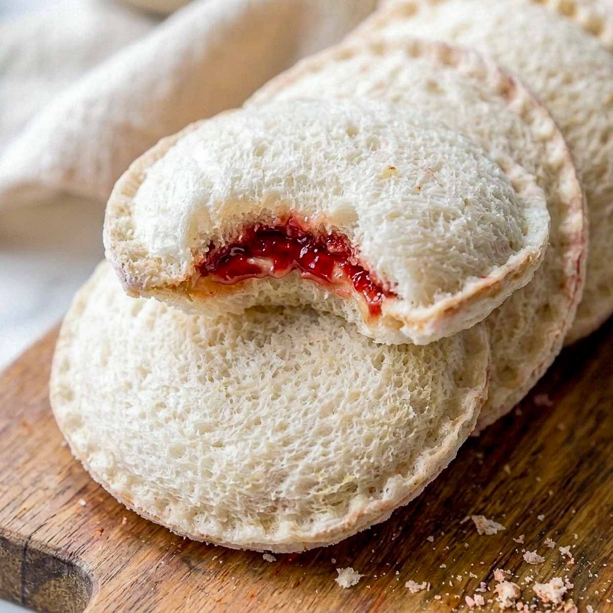 Close view of a homemade uncrustable showing the crimped sealed edge and jam filling inside.