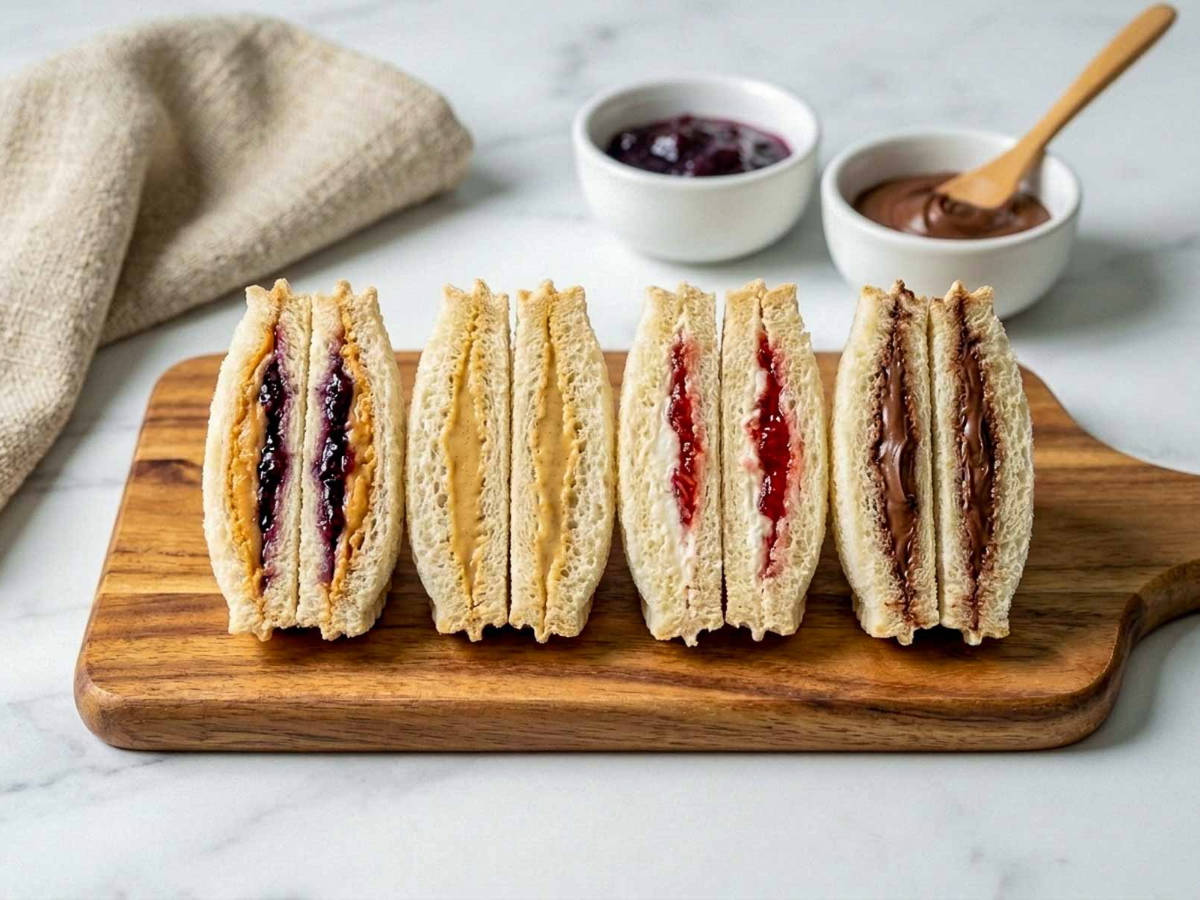Four sweet uncrustables filling ideas cut open, peanut butter and jam, sunflower seed butter, cream cheese and chocolate hazelnut.