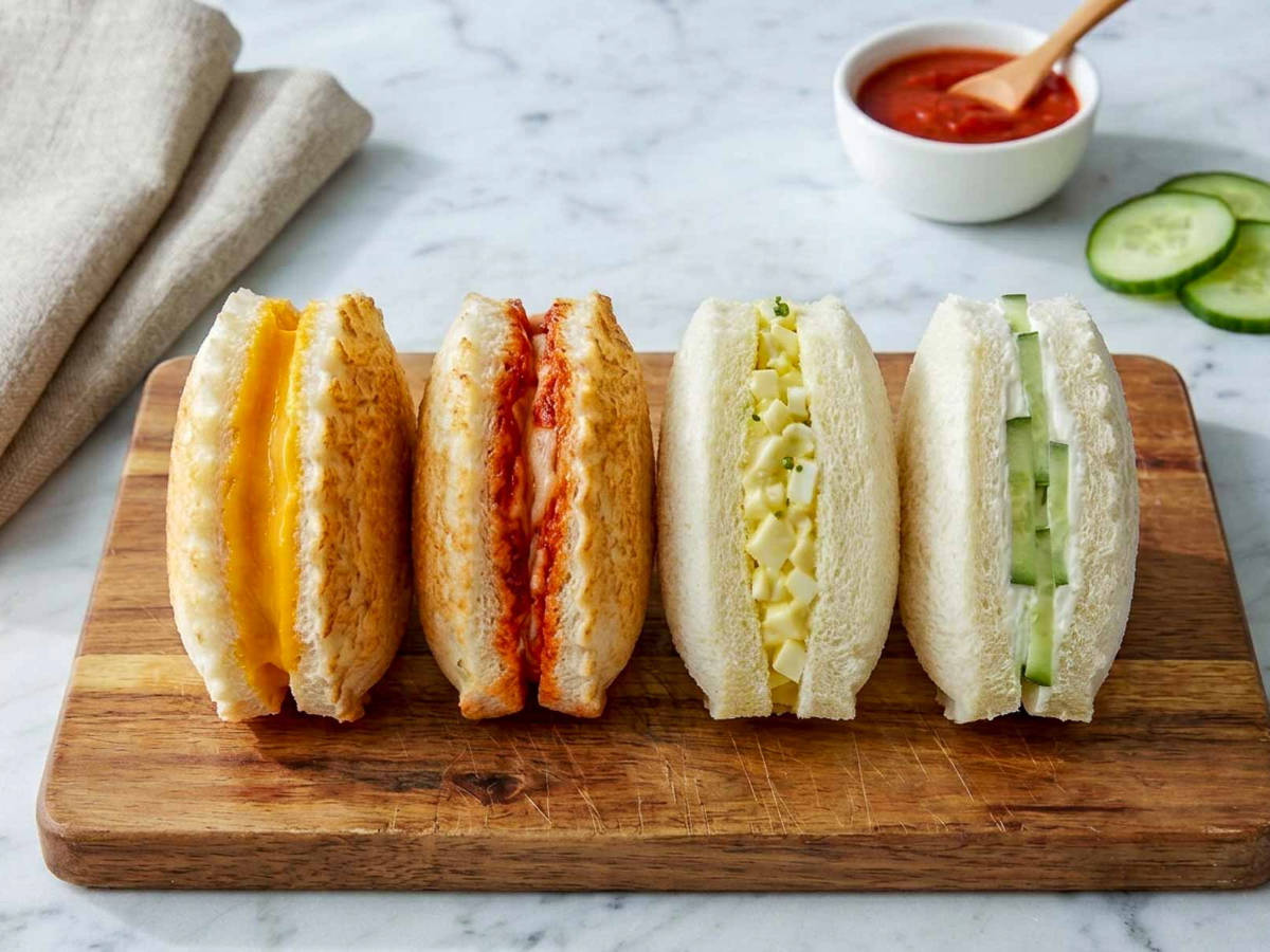Four savory uncrustables filling ideas cut open, cheddar, pizza, egg salad and cucumber cream cheese.