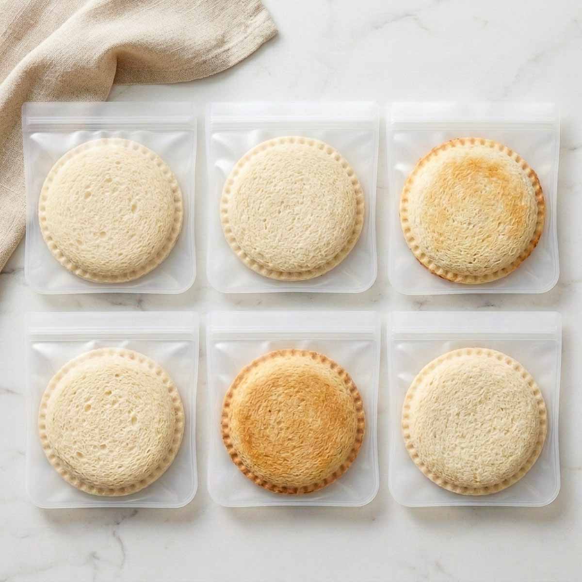 Homemade uncrustables frozen in individual reusable bags for school lunches.