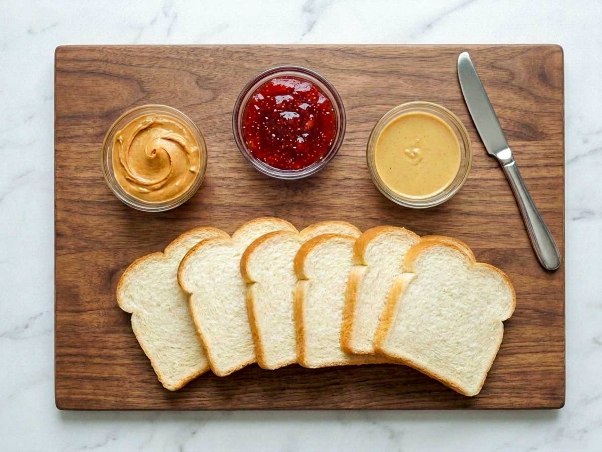Sandwich bread, peanut butter, strawberry jam and sunflower seed butter laid out to make homemade uncrustables.