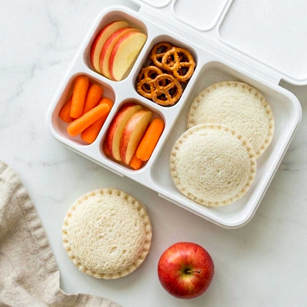 Homemade uncrustable packed in a bento lunch box with apple slices, carrots and pretzels.