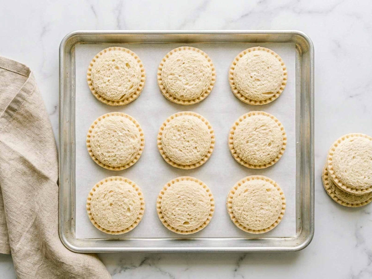Nine homemade uncrustables on a parchment lined sheet pan ready to freeze flat.