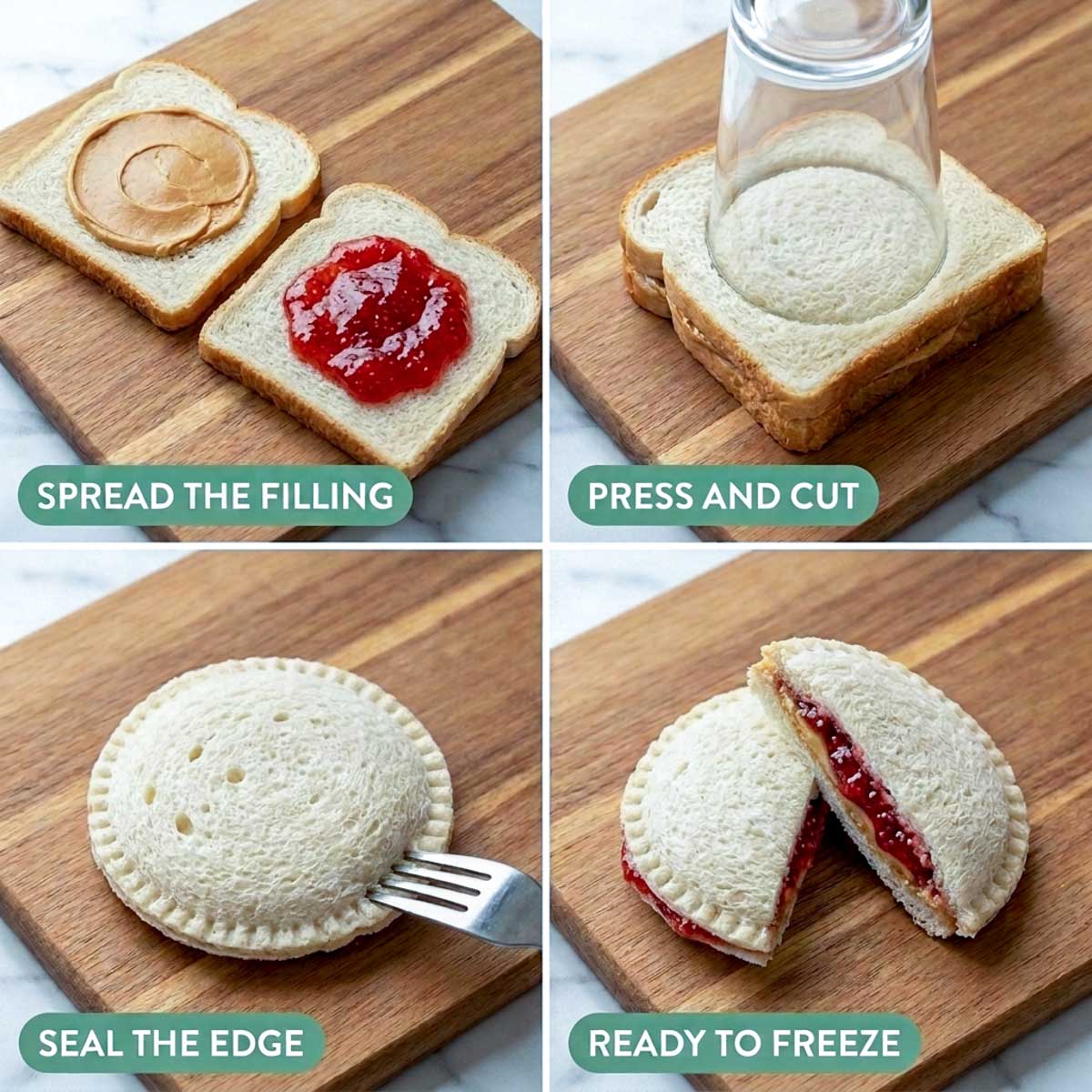 Four steps for making uncrustables diy without a sealer, spreading the filling, cutting with a glass, sealing the edge with a fork, and the finished sandwich.