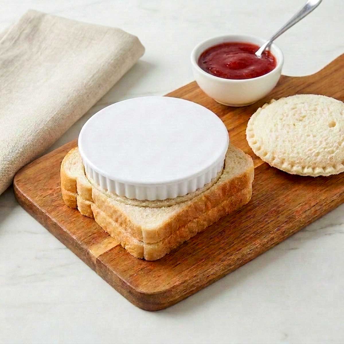 Sandwich sealer press cutting a round uncrustable from two slices of bread on a wooden board.