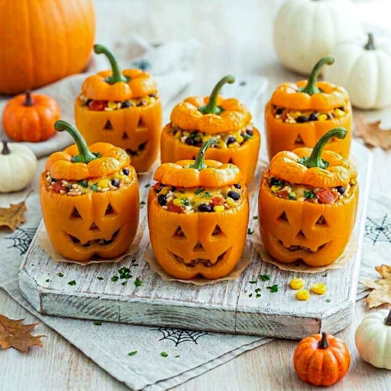 Six orange jack-o'-lantern stuffed peppers filled with rice, black beans, corn, tomatoes, and melted cheese on a rustic wooden board.