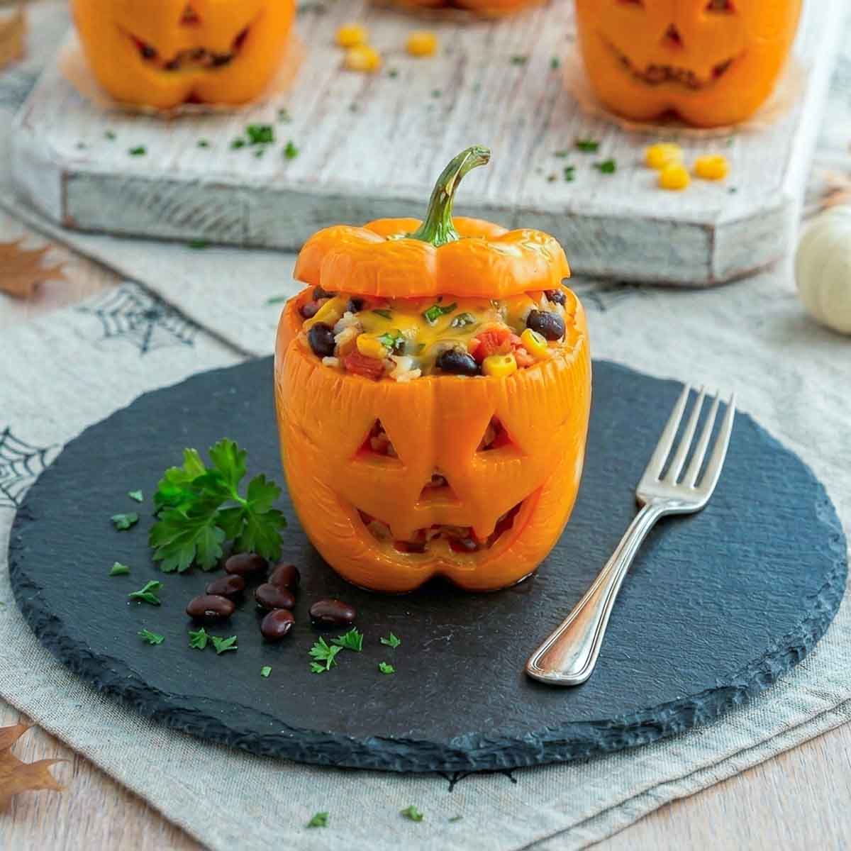 A jack-o'-lantern stuffed pepper served on a dark slate plate with a fork and scattered black beans.
