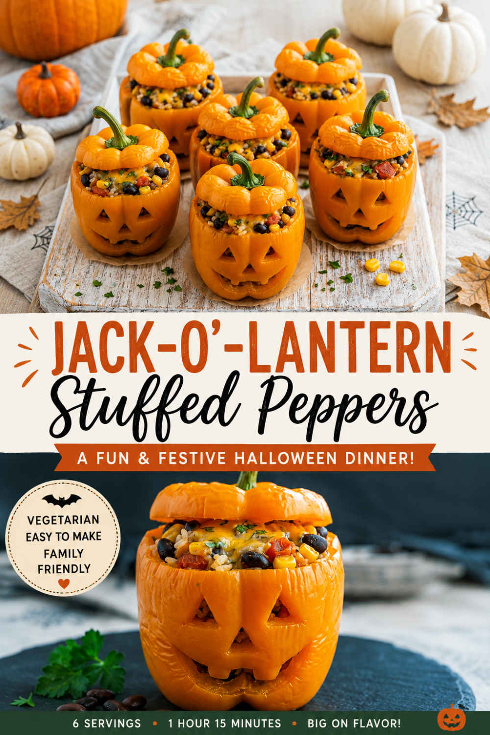 Jack-o'-lantern stuffed peppers filled with rice, black beans, corn, tomatoes, green chilies, and melted Mexican blend cheese, styled with pumpkins and autumn leaves for Halloween.