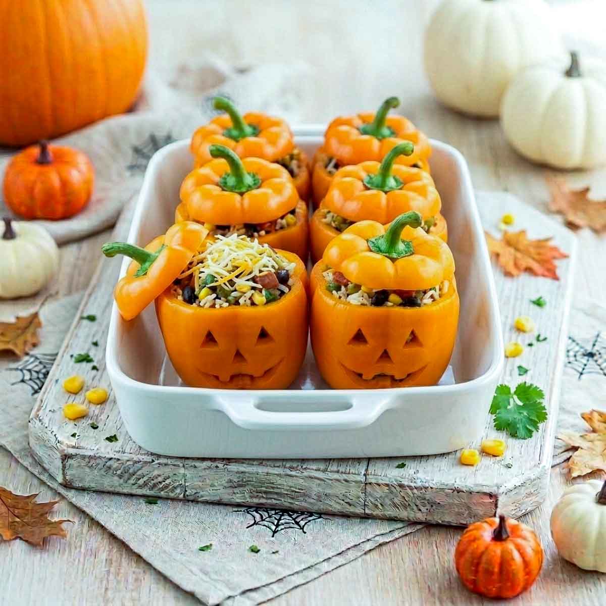 Carved orange bell peppers filled with rice, black beans, corn, and tomatoes in a white baking dish, ready to bake.