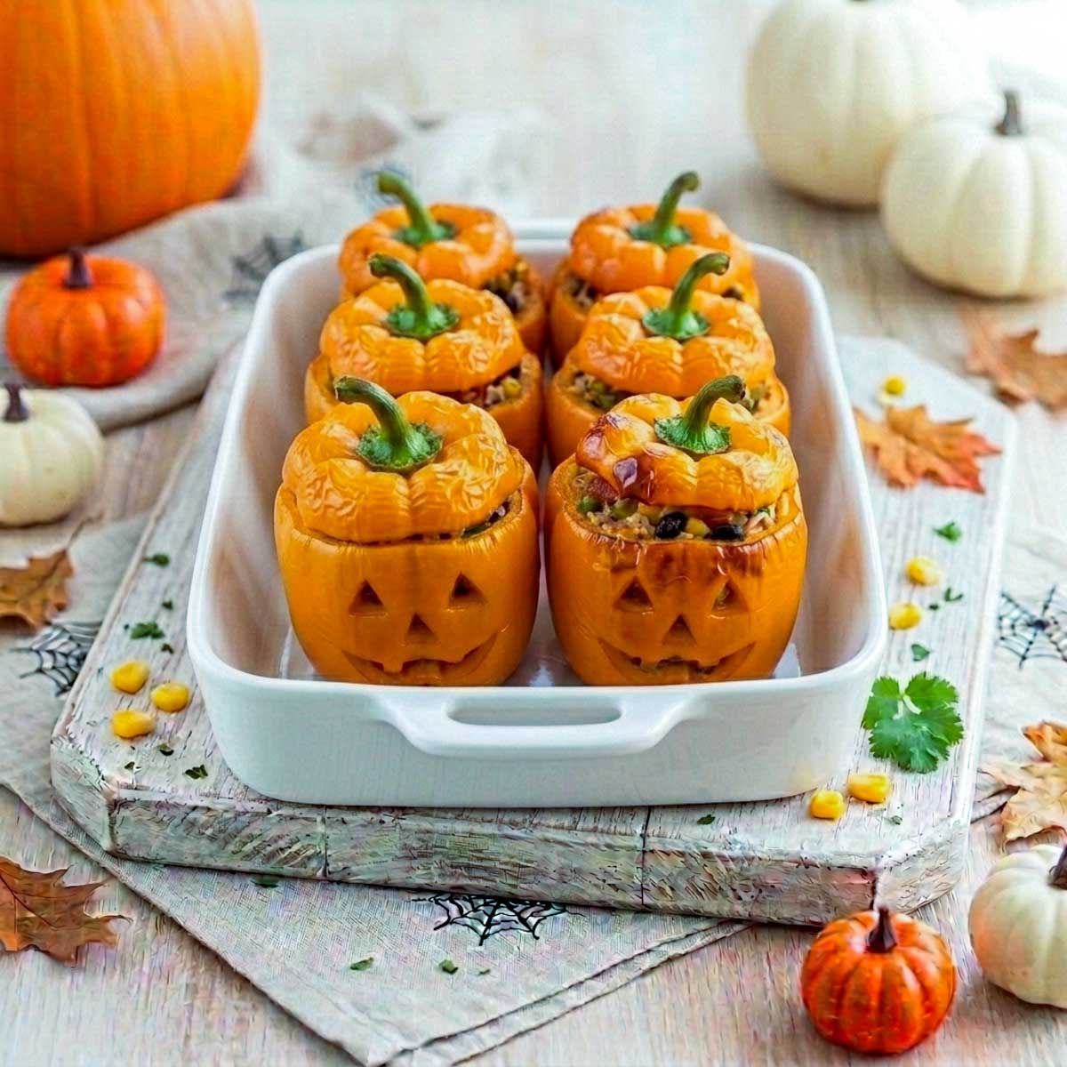 Baked jack-o'-lantern stuffed peppers in a white baking dish with melted cheese and tender orange pepper shells.