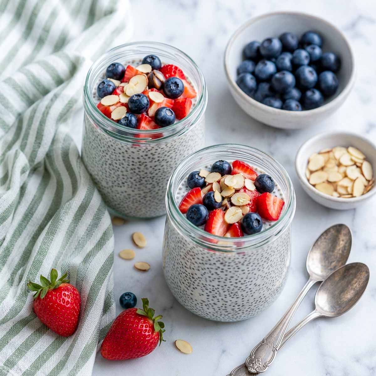 Kefir chia pudding served in two jars with strawberries, blueberries, and sliced almonds.