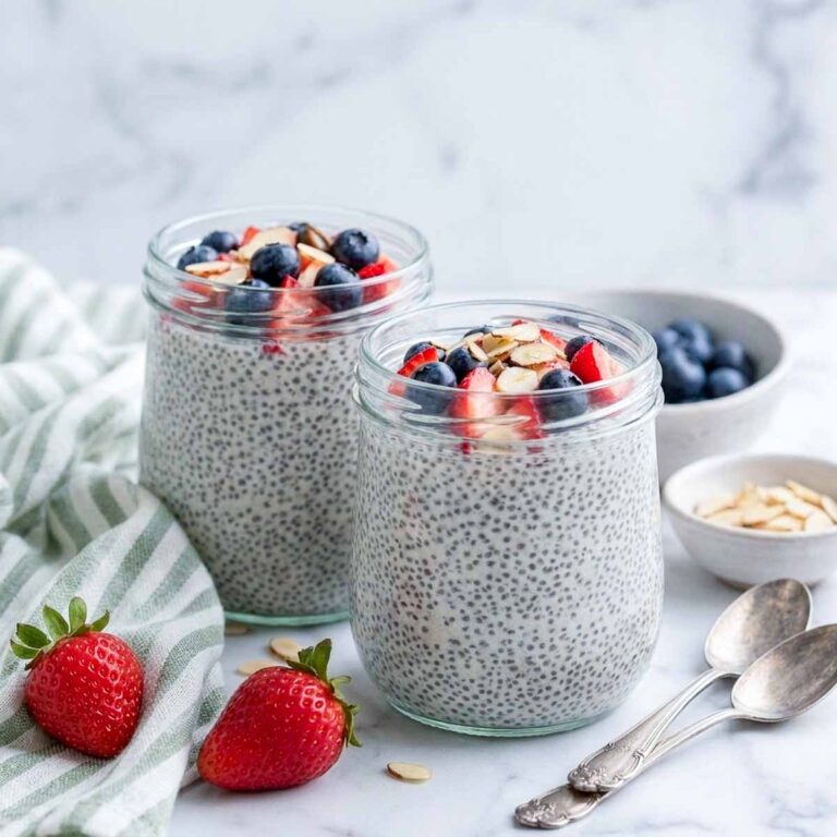 Two glass jars of high protein kefir chia pudding topped with strawberries, blueberries, and sliced almonds.