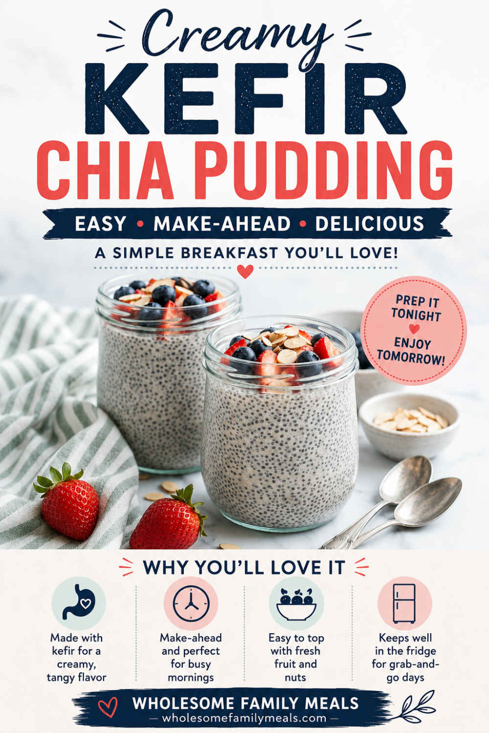 Creamy kefir chia pudding in glass jars topped with strawberries, blueberries, and sliced almonds, with text highlighting an easy make-ahead breakfast and Wholesome Family Meals branding.