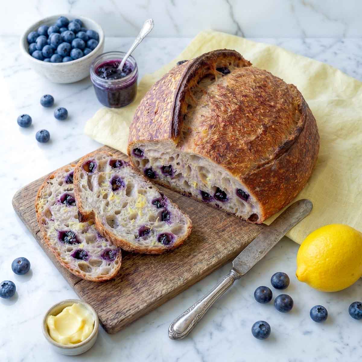 Lemon blueberry sourdough bread boule with two slices cut, blueberries, jam, and a lemon alongside.