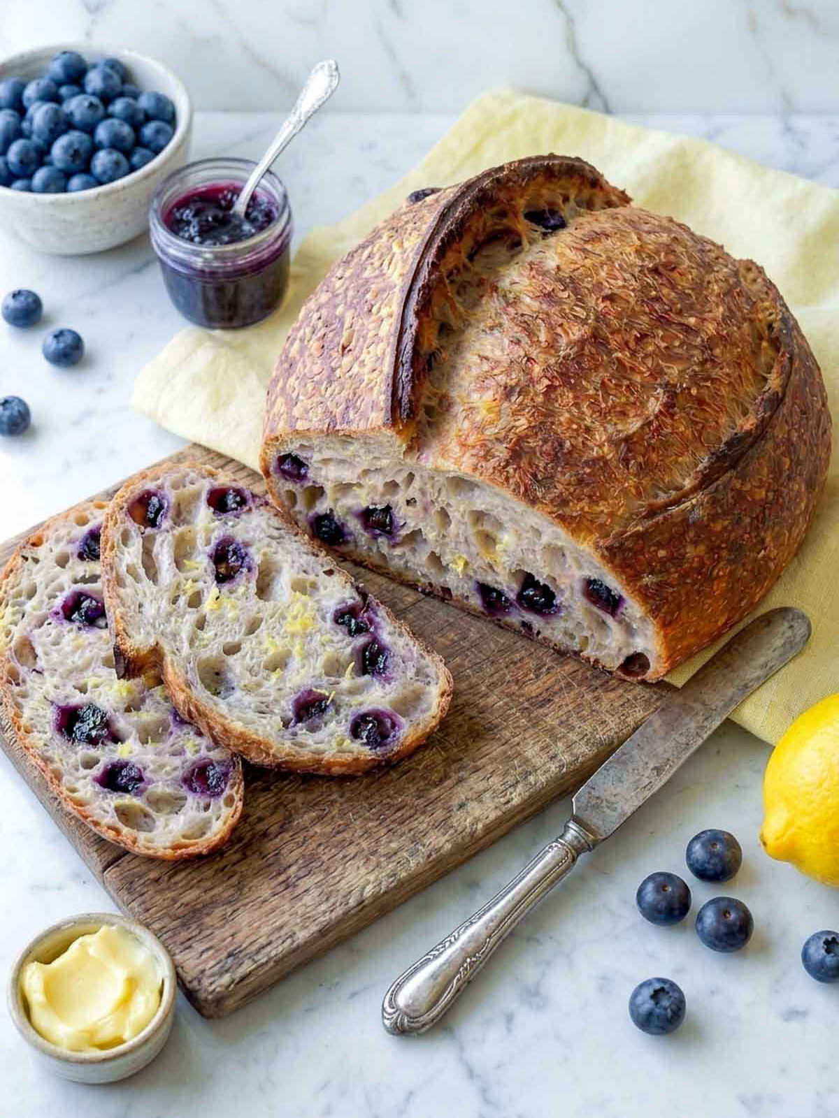 Sliced lemon blueberry sourdough bread on a wooden board showing an open crumb studded with whole blueberries.