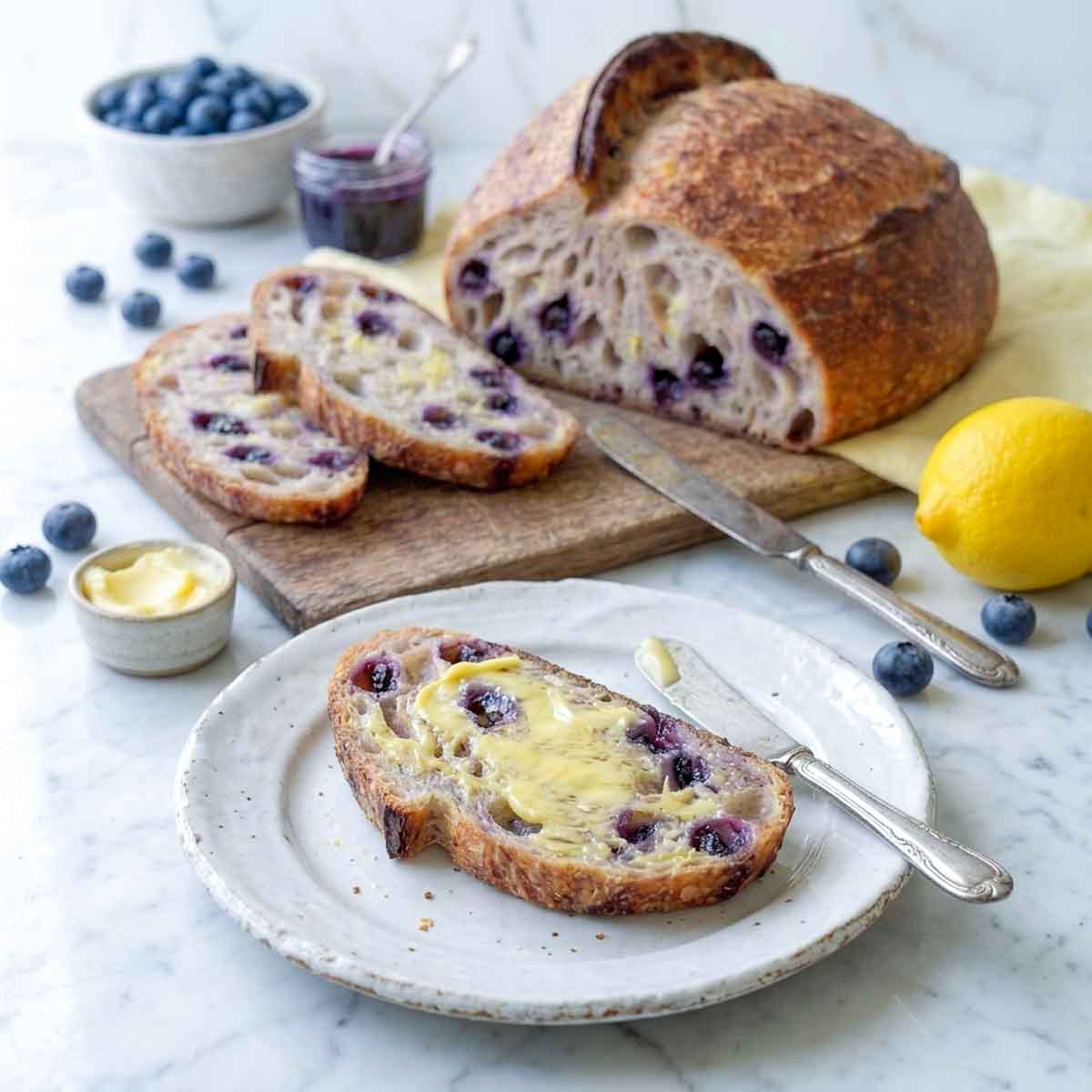 Buttered slice of lemon blueberry sourdough bread on a ceramic plate.