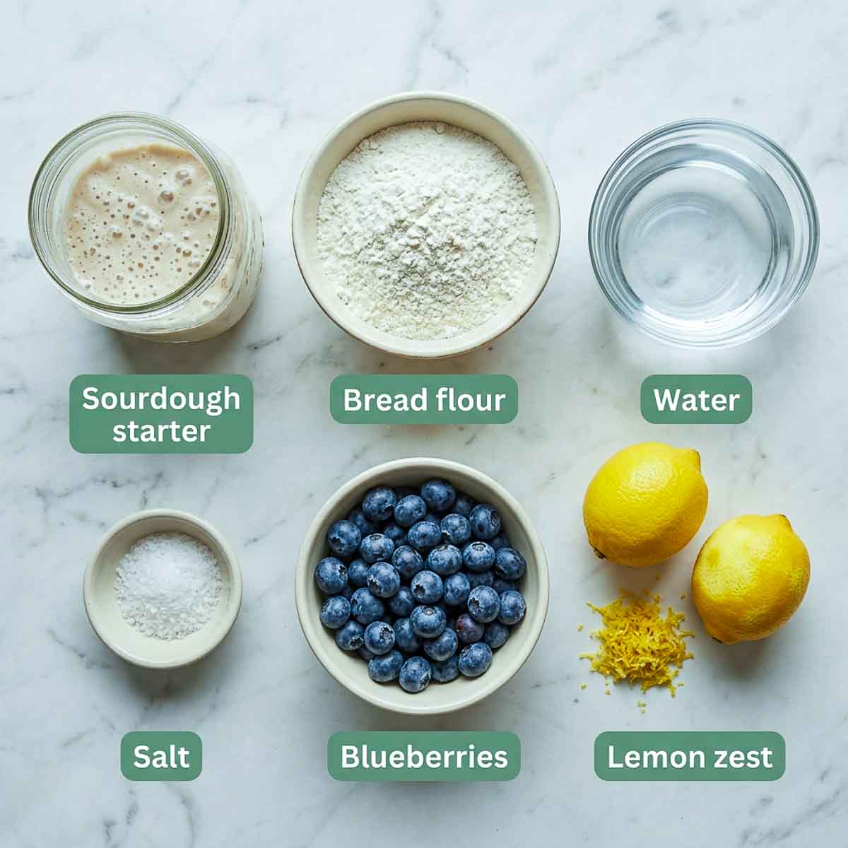 Labeled ingredients for lemon blueberry sourdough bread including sourdough starter, bread flour, blueberries, and lemon zest.
