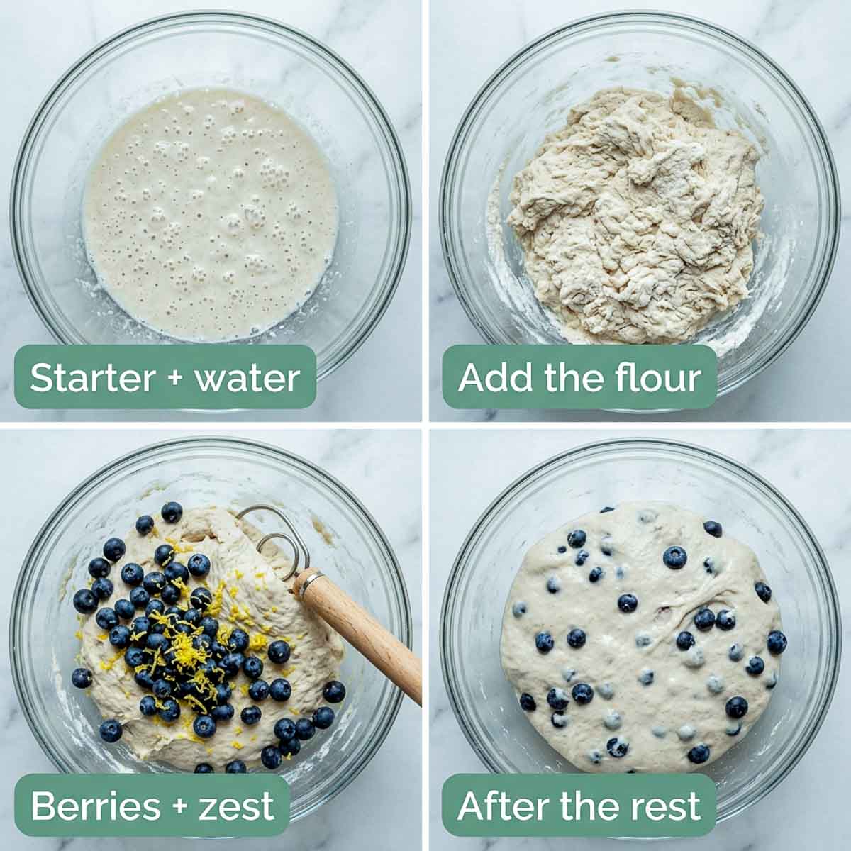 Four steps showing sourdough starter mixed with water, flour added, blueberries and lemon zest folded in, and the rested dough.