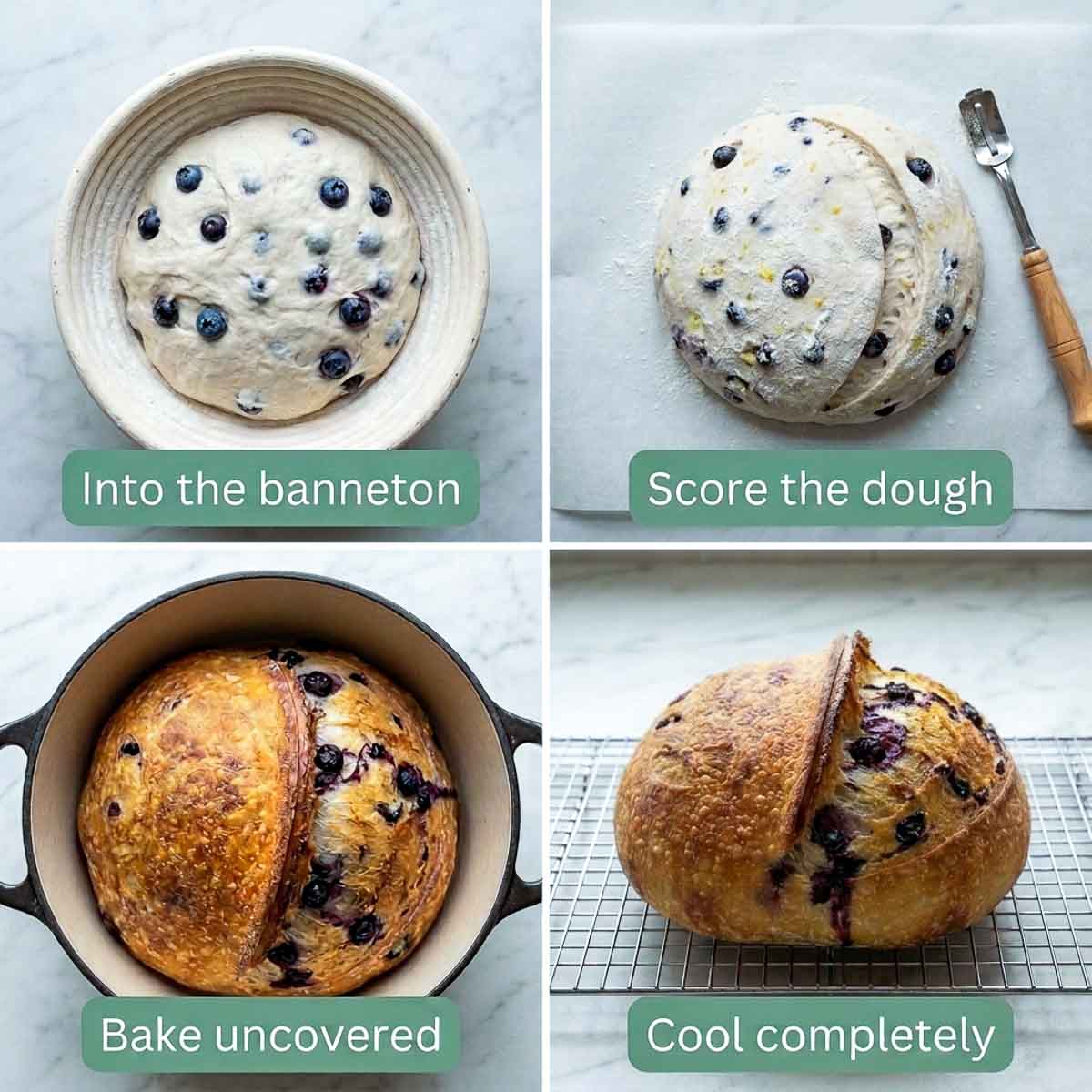 Four steps showing dough in a banneton, scored dough on parchment, the loaf baking in a Dutch oven, and the finished boule cooling.