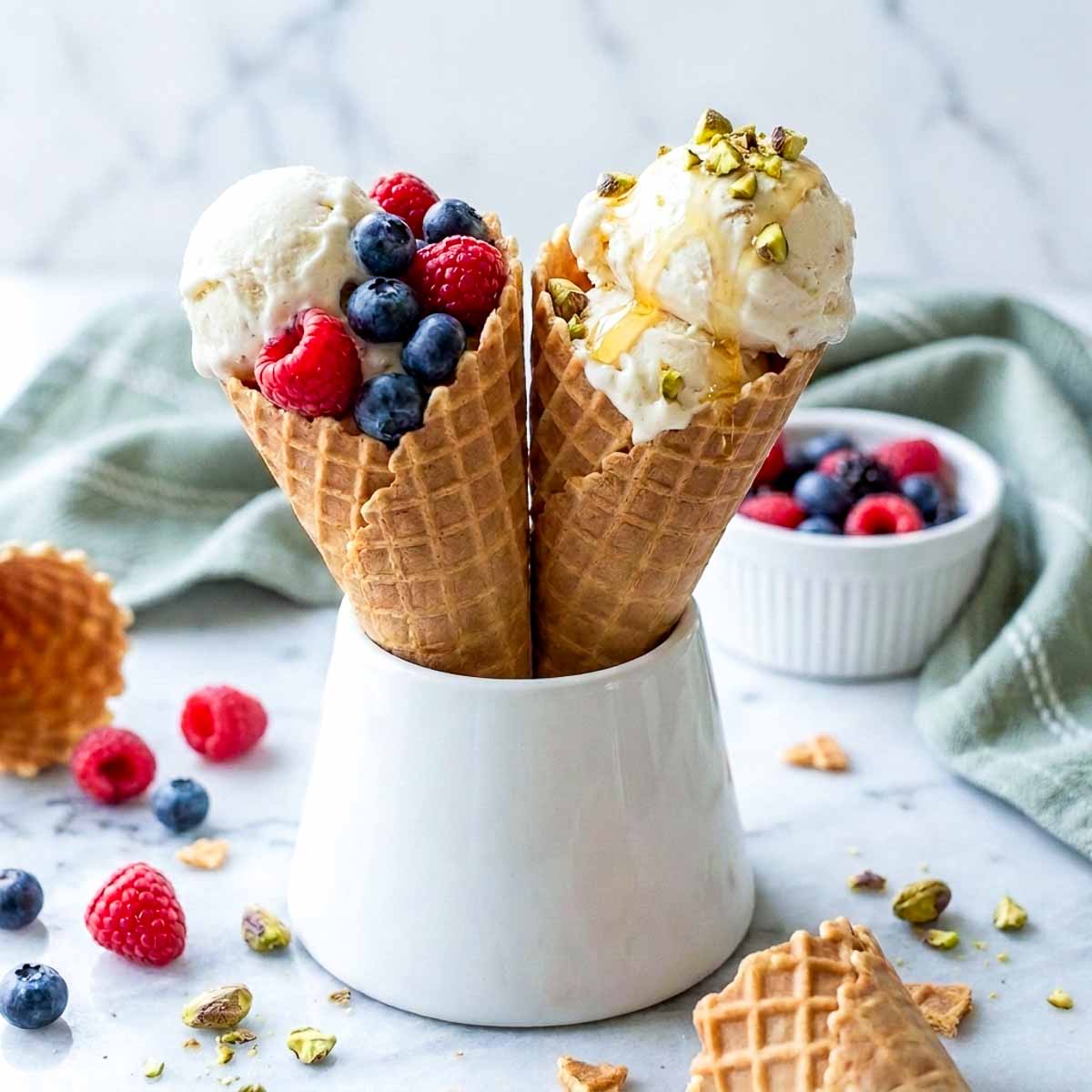 Two waffle cones of no churn kefir ice cream topped with berries, pistachios and honey.